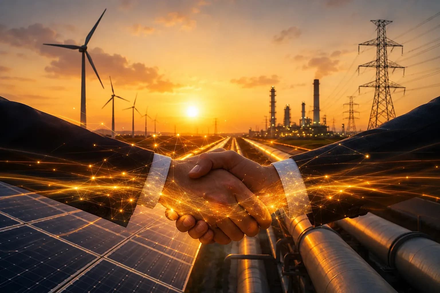 Digital handshake closing a secure energy transaction across renewable and traditional infrastructure