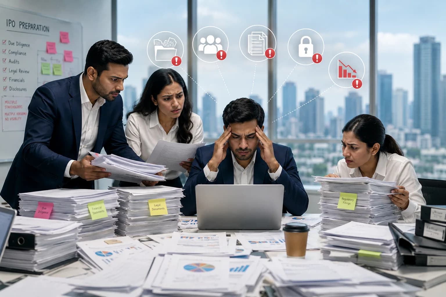 Disorganized paper files representing IPO document chaos
