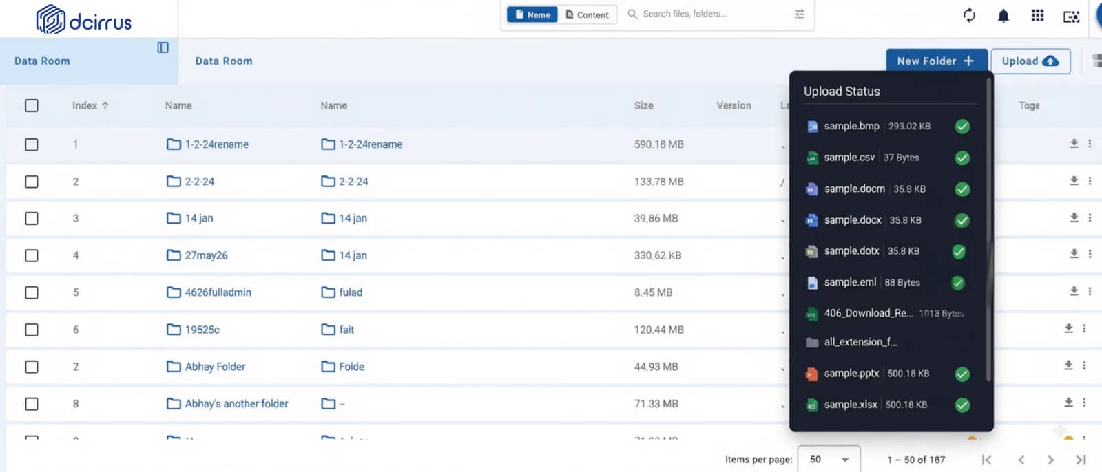 DCirrus VDR data room file browser with a multi-file upload in progress
