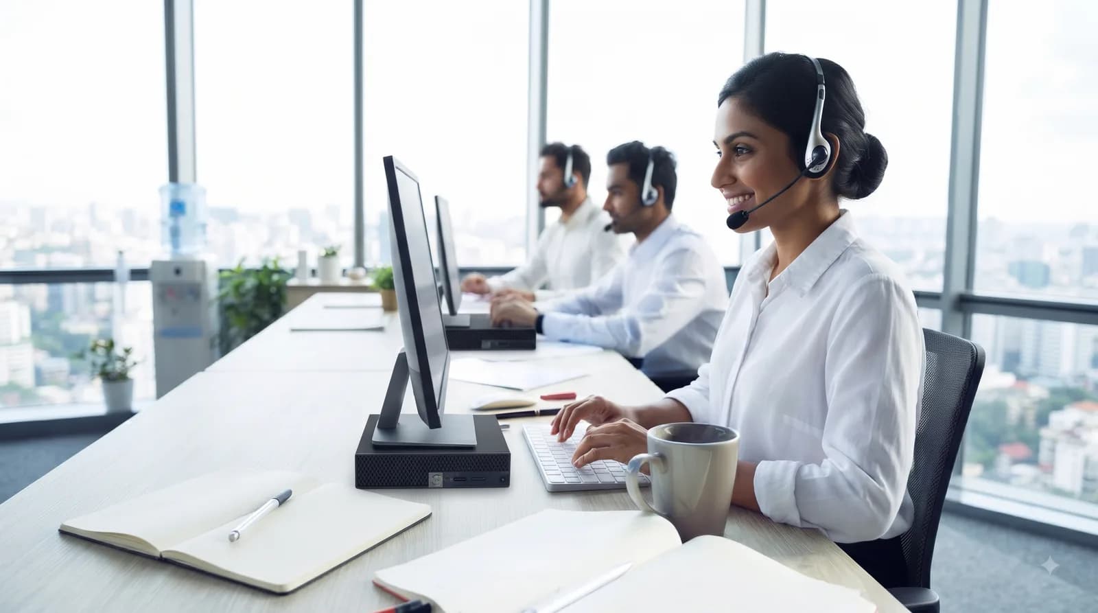 DCirrus support team assisting a client over headset in a modern office