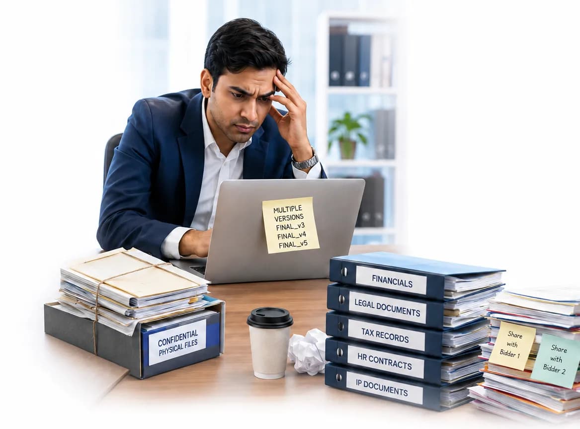 Disorganized paper files representing traditional due diligence risk