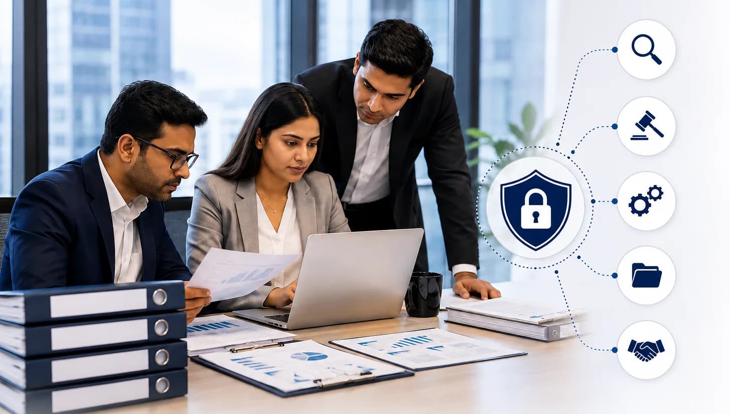Team reviewing confidential M&A due diligence documents