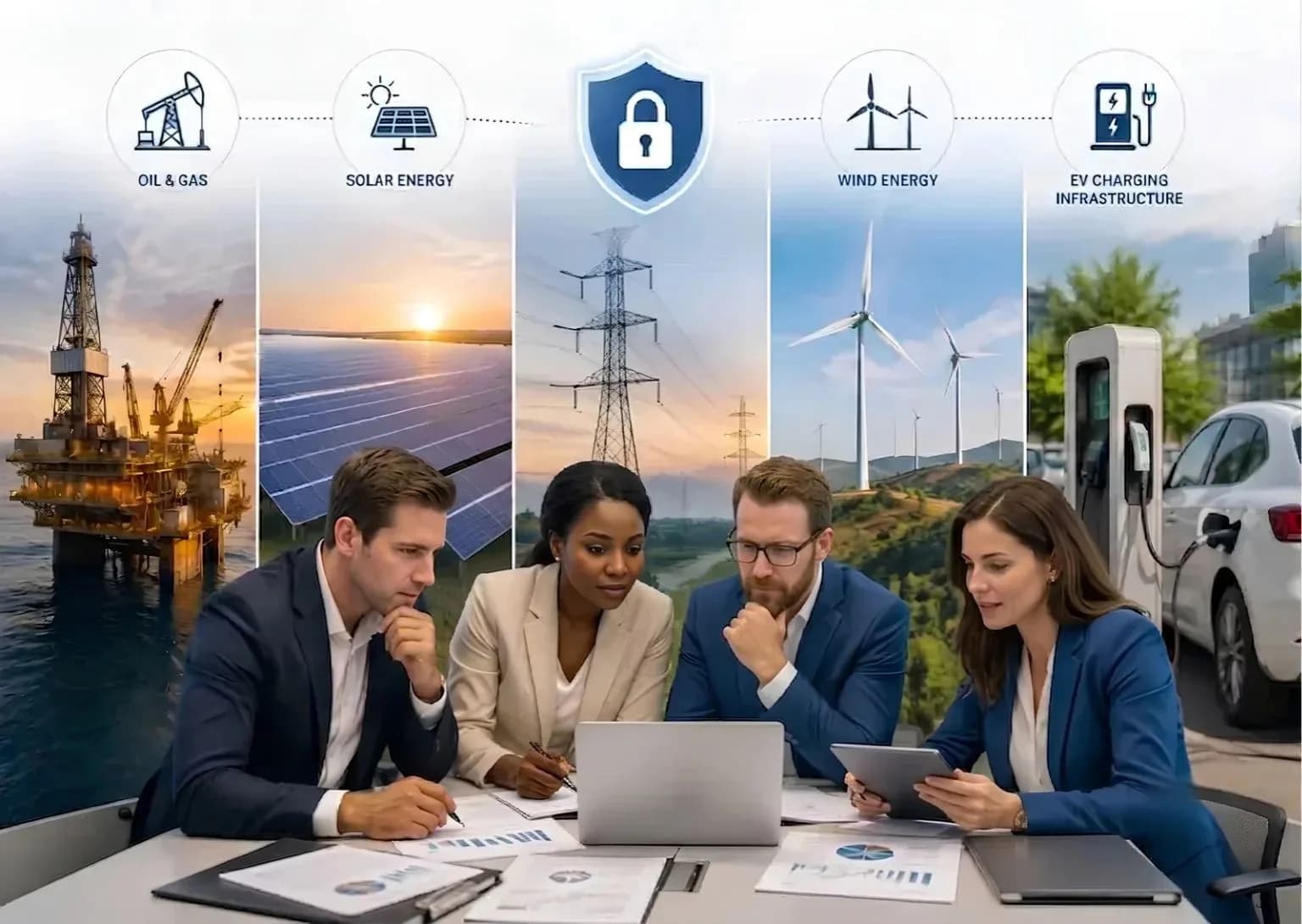 Utility-scale solar and wind energy infrastructure at sunset