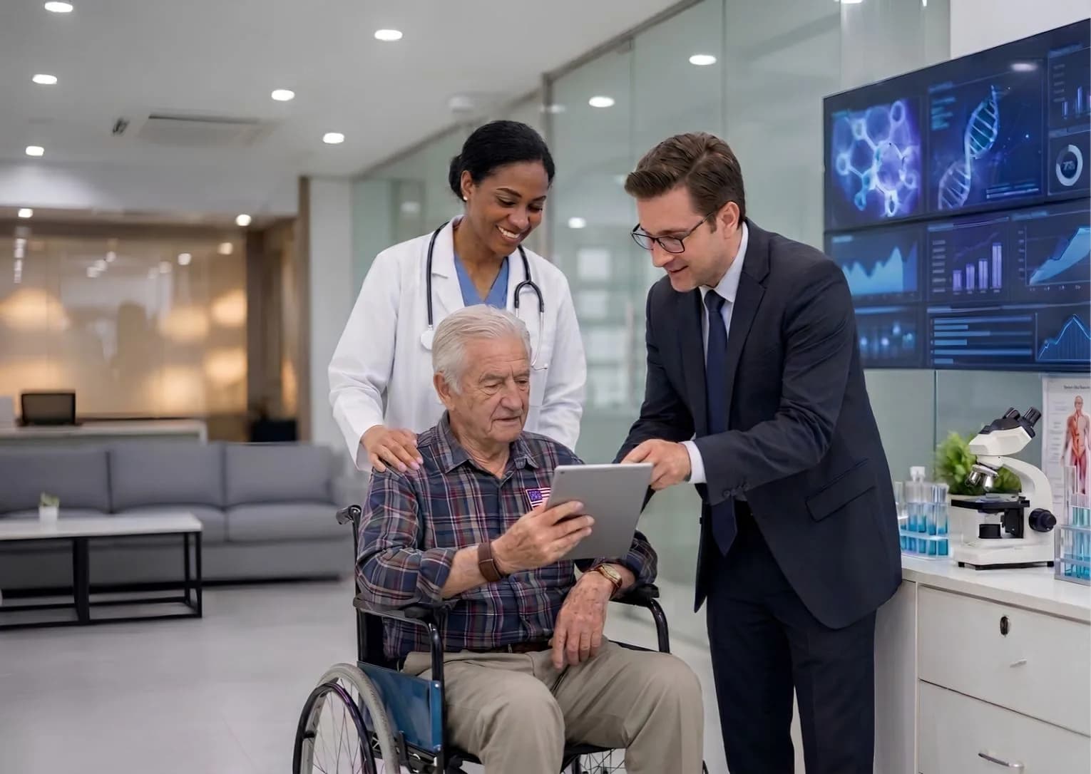 Life sciences professionals reviewing clinical trial data in a research lab