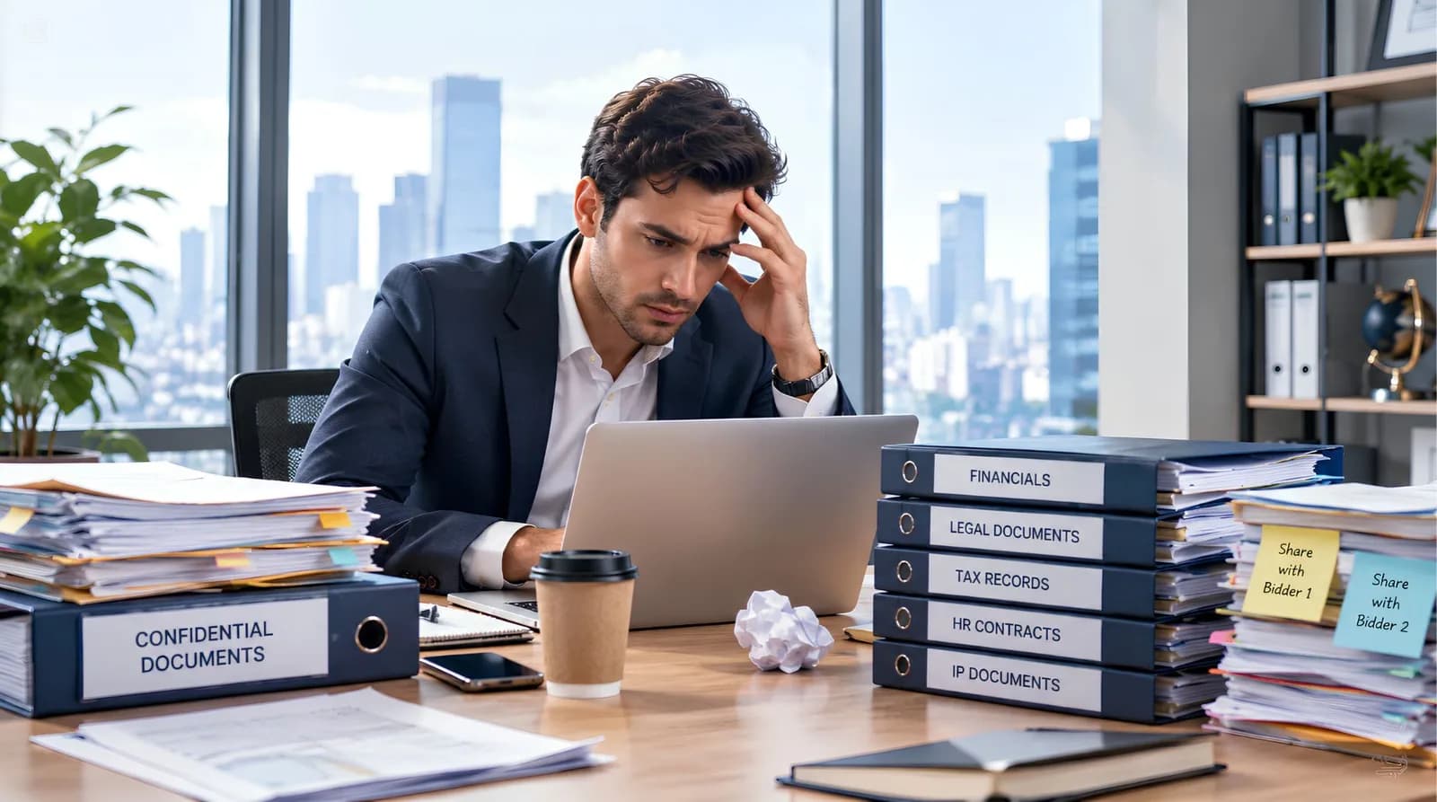 Disorganized paper files representing traditional due diligence risk
