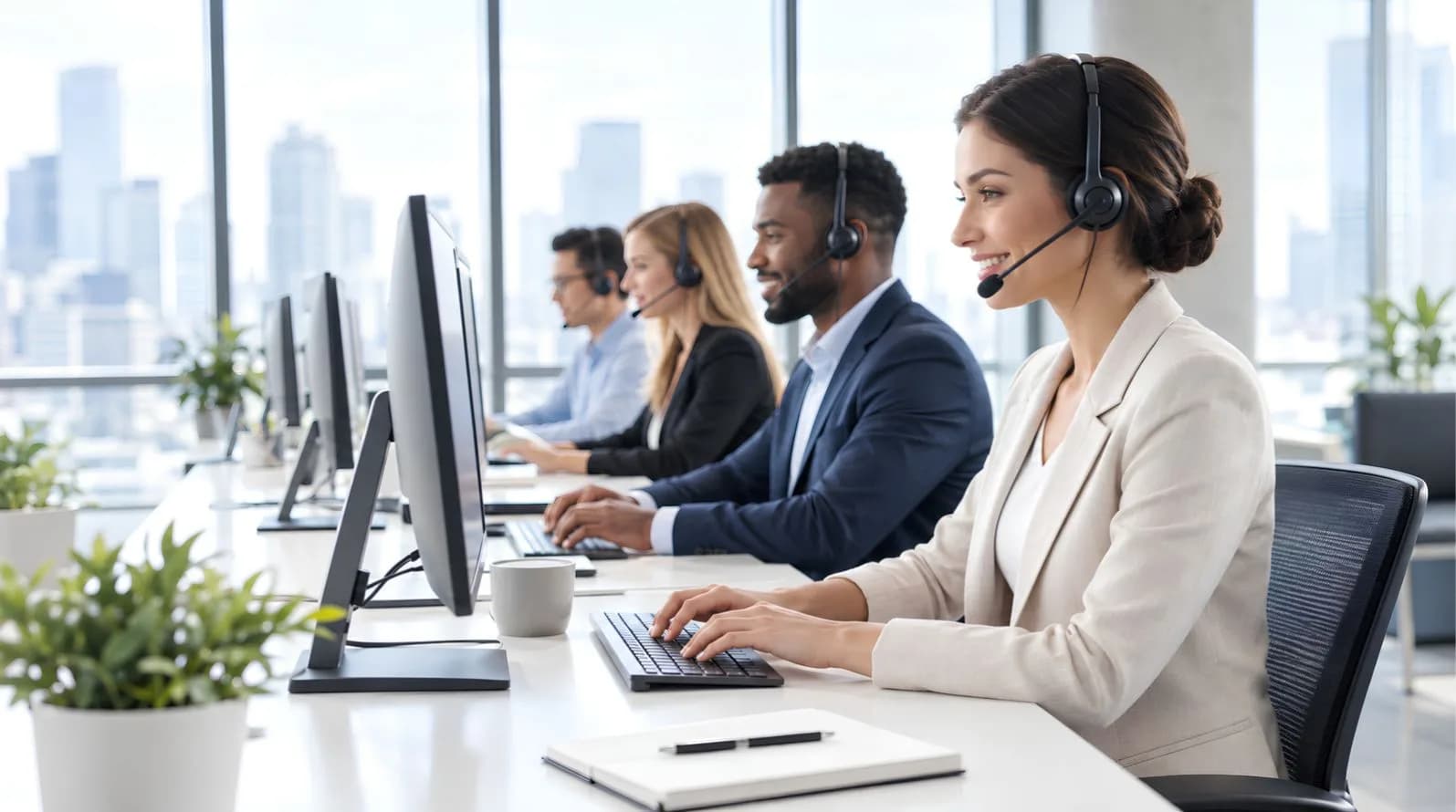 DCirrus support team assisting a client over headset in a modern office